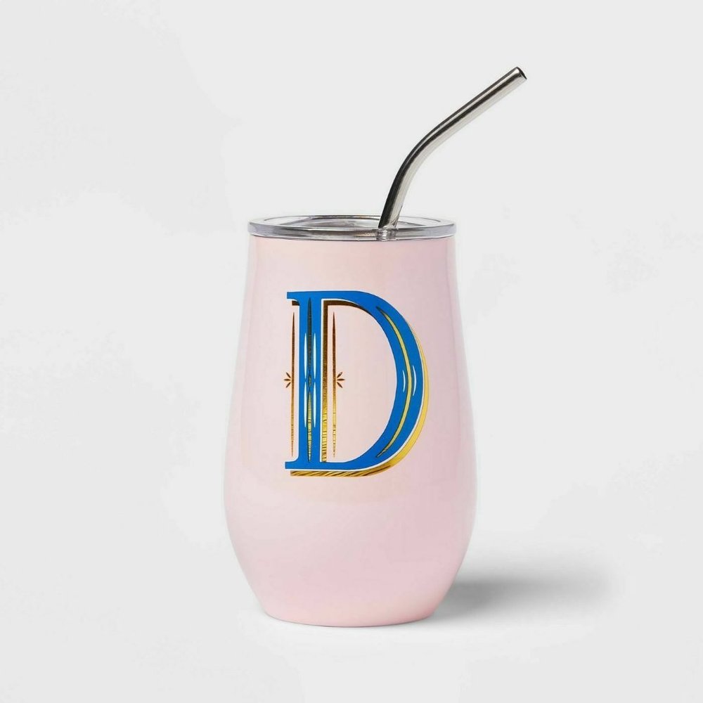 COPY - 11.8oz Stainless Steel "D" Monogram Wine Tumbler with Straw  & Lid- Opal…